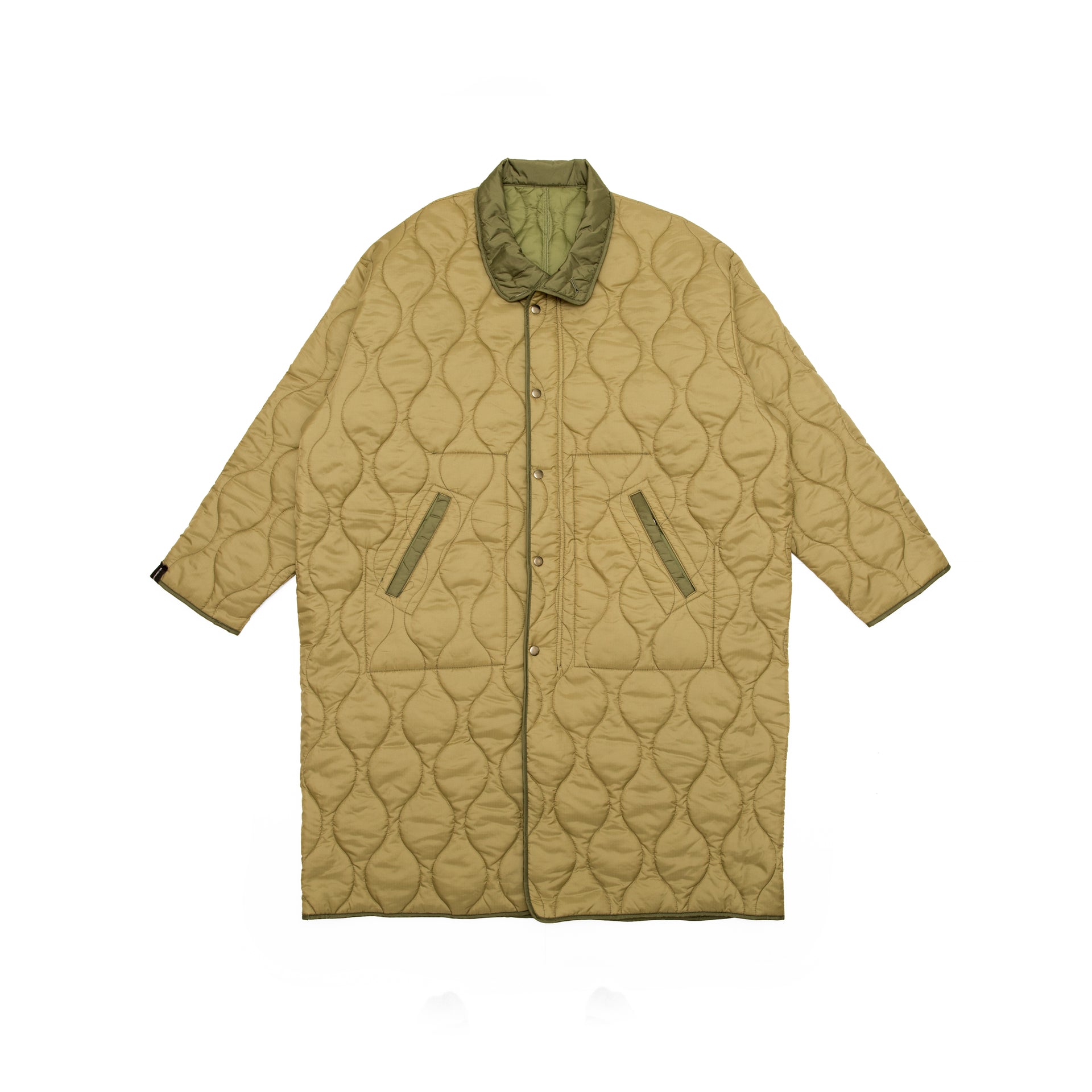 reversible quilting long jacket in khaki/olive
